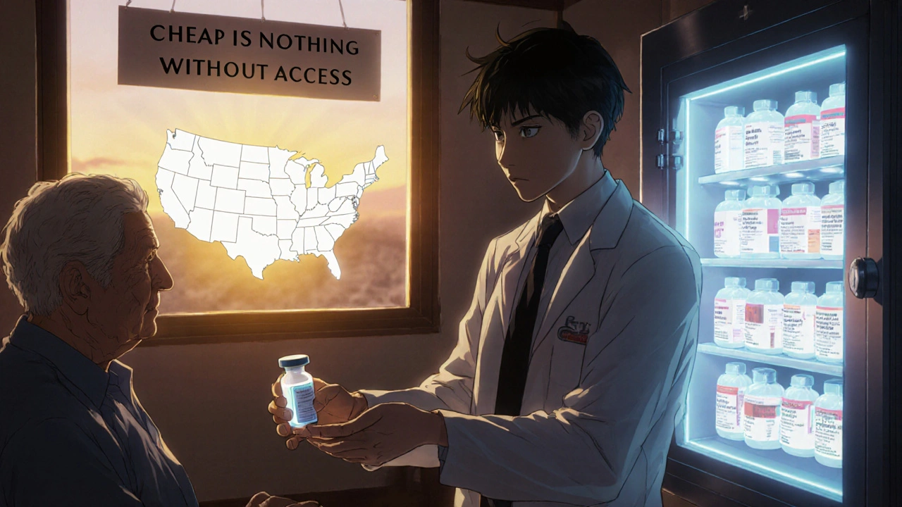 A pharmacist hands insulin to an elderly patient as a glowing stockpile of emergency generics glows behind them.