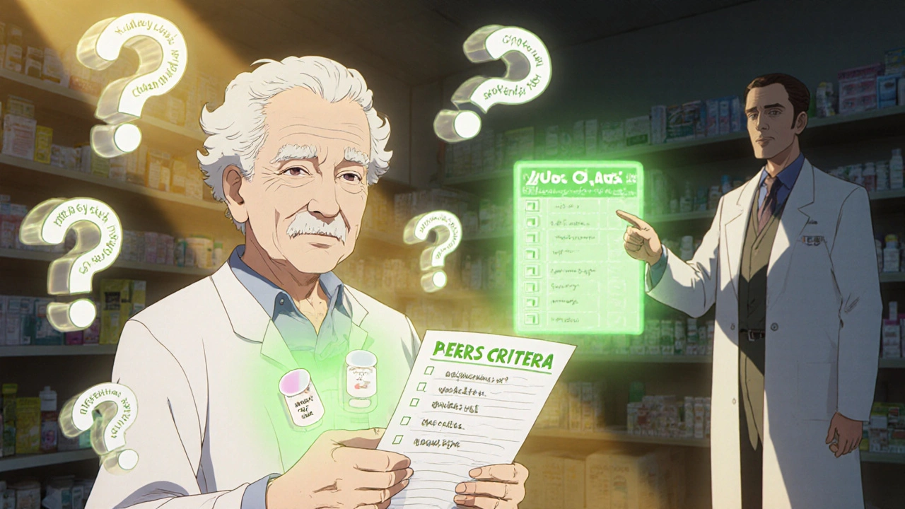 An elderly patient holding a medication list as glowing pills and checklists float around them in anime style.