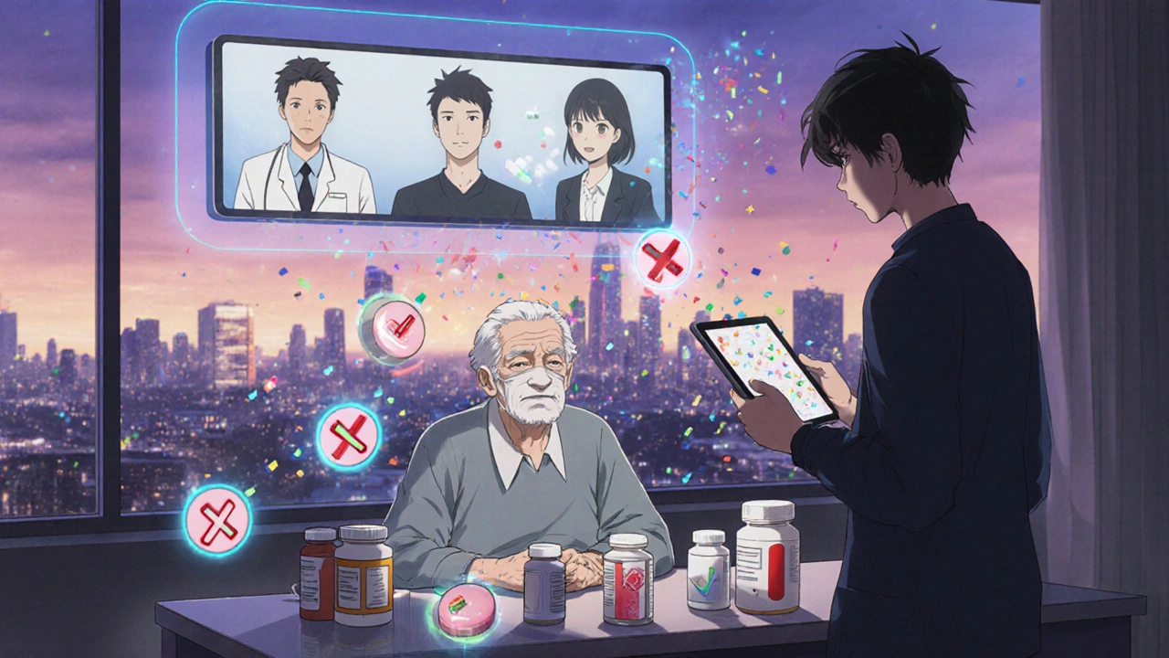 An elderly person on a video call with healthcare providers, surrounded by medicine bottles and glowing checkmarks.