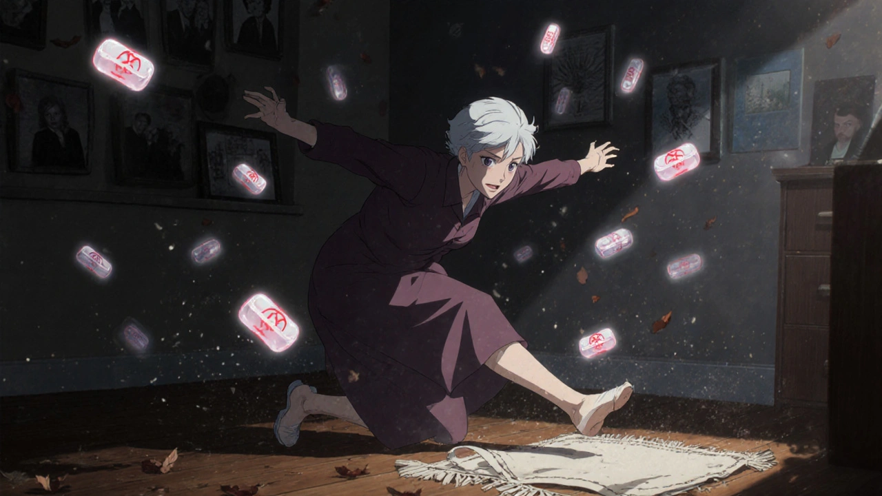 An elderly woman falling slowly, benzodiazepine tablets floating like leaves around her.