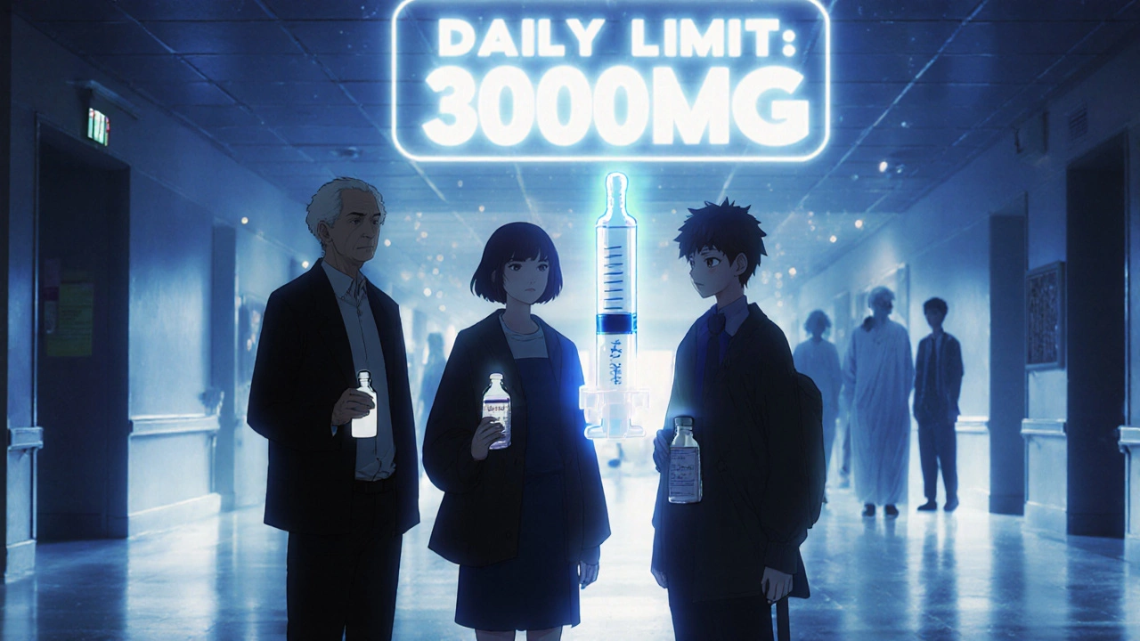 Diverse people in emergency room hallway facing a giant daily dose warning with antidote syringe.