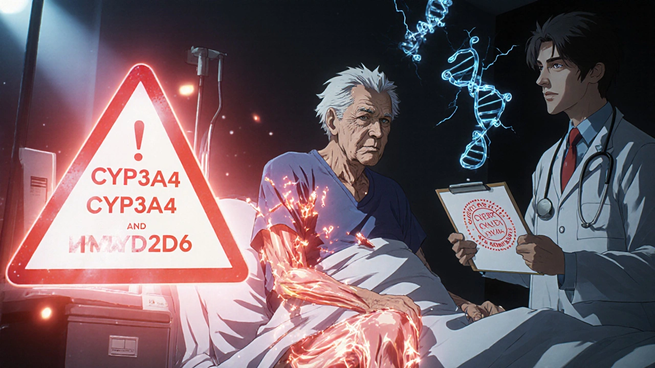 Elderly man with translucent body showing muscle damage from drug interaction, glowing enzymes nearby.