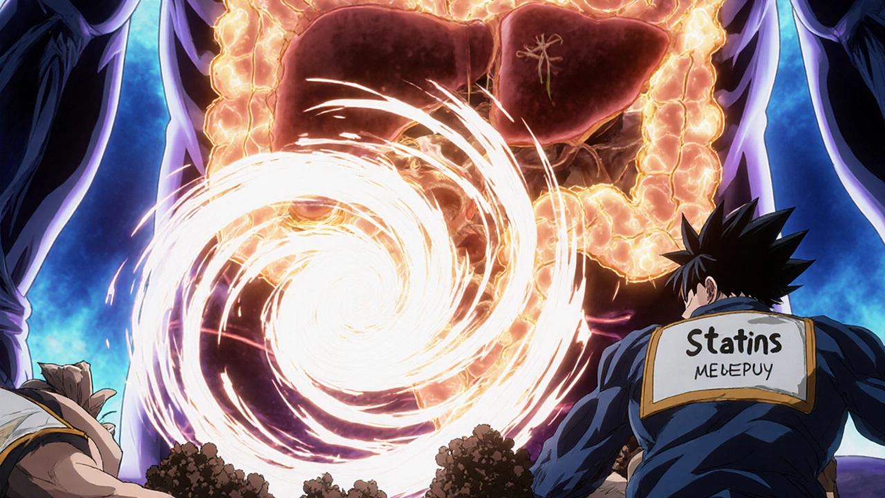 Glowing resin vortex binding bile acids in the gut, liver forging new bile from blood cholesterol.