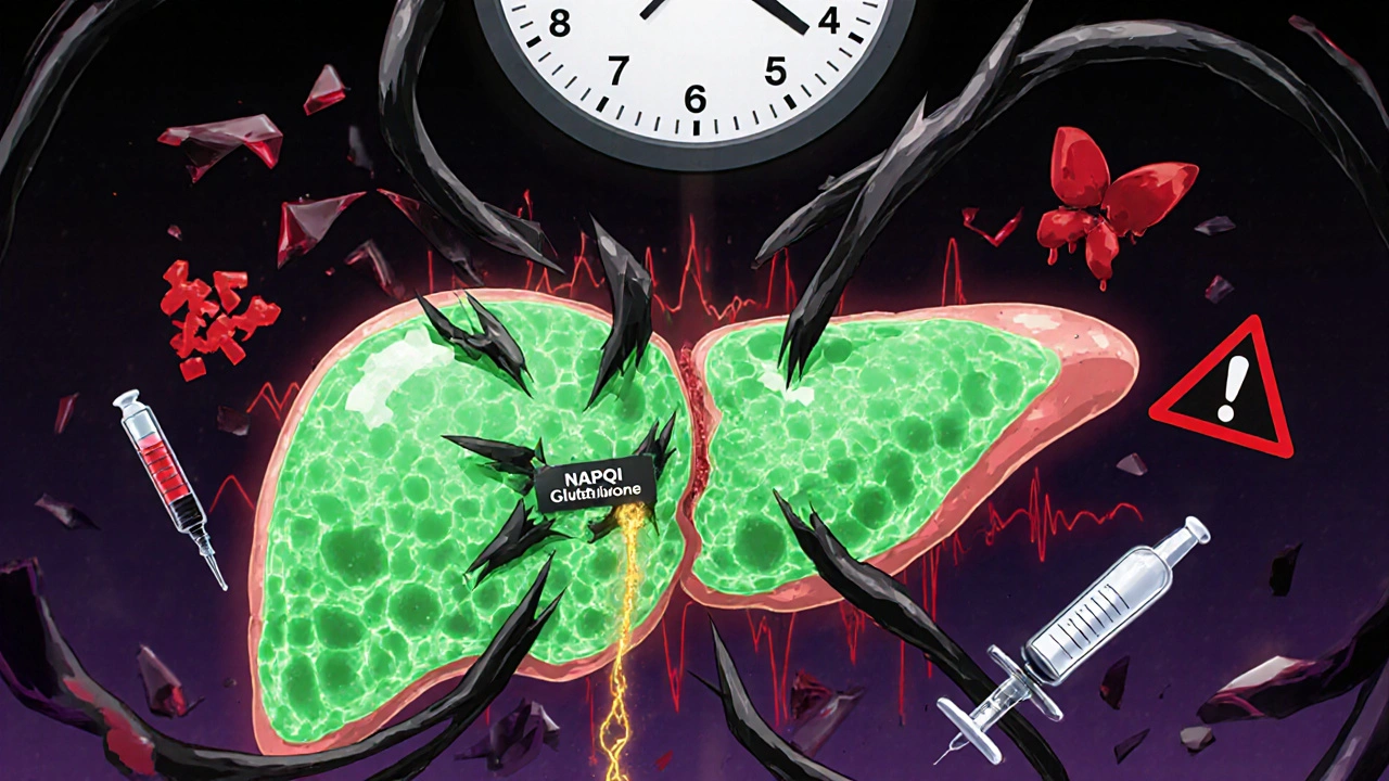 Internal view of a liver being damaged by toxic NAPQI molecules with fading glutathione.