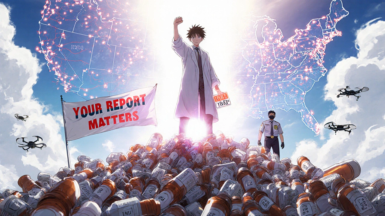 Patient holding glowing lot number atop pile of pills, digital map of recalls below, AI drones and inspectors approaching in sunlight.