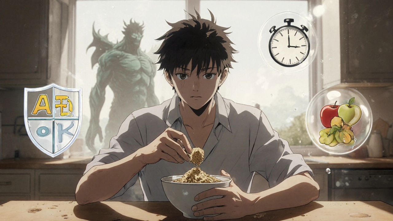 Patient mixing cholestyramine powder as floating icons show vitamins, triglycerides, and time until results.