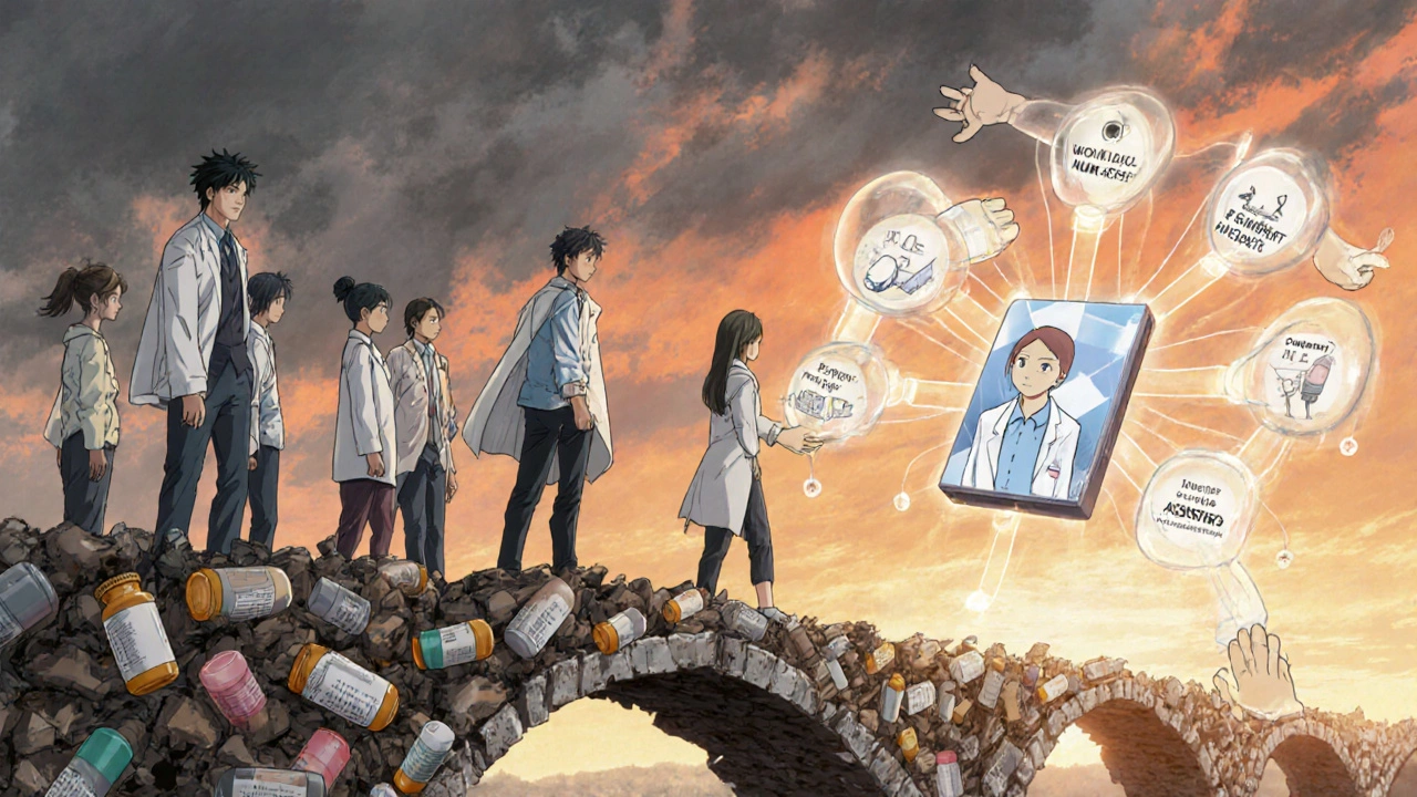 Patients crossing a bridge of support from pharmacists and AI, leaving behind abandoned pills.