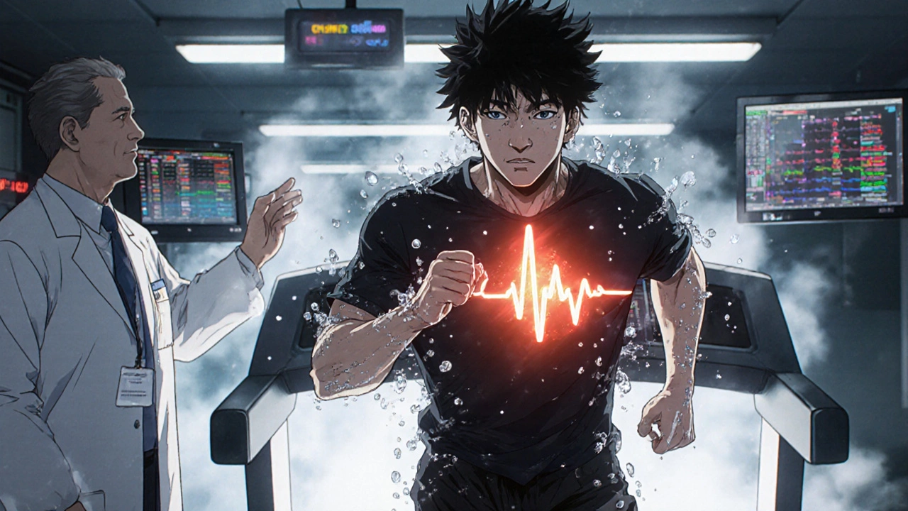 Person exercising on a treadmill during a stress test with glowing heart and warning monitors.