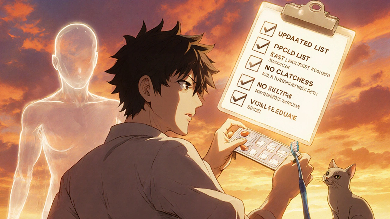Person smiling as a glowing checklist appears, with pill organizer beside toothbrush at sunset.