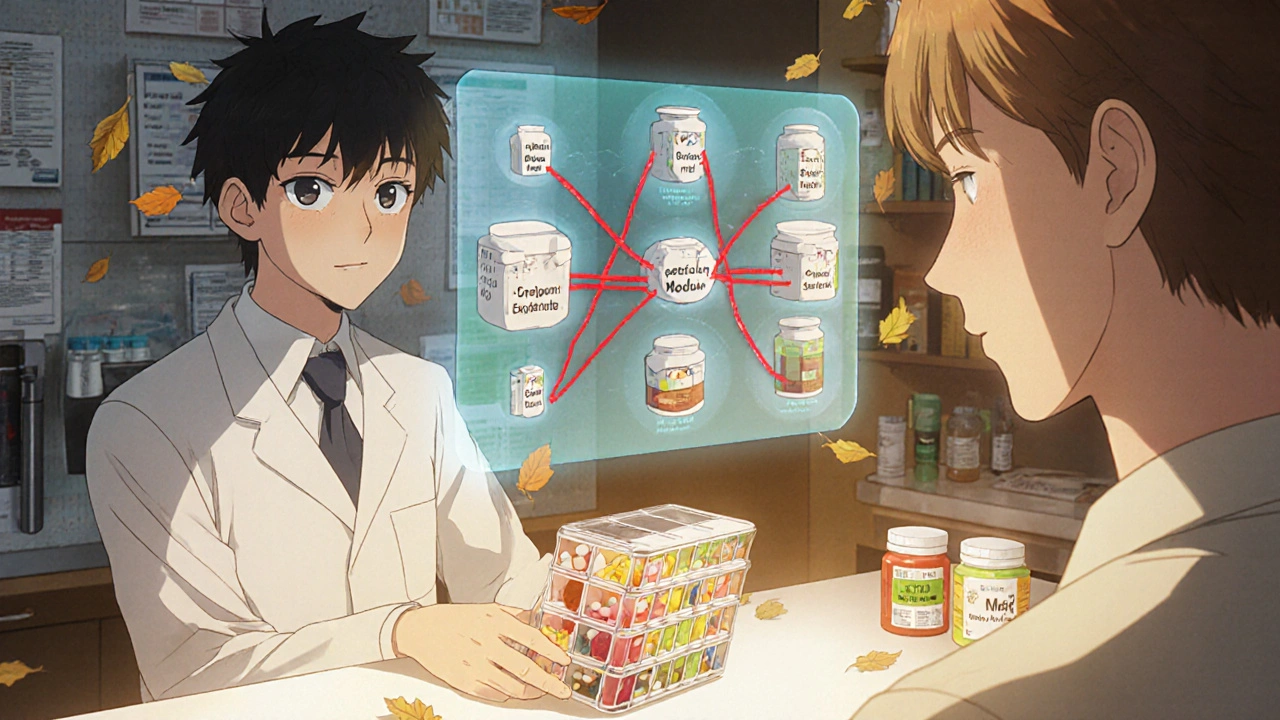 Pharmacist handing patient organized pills while holographic drug interaction map glows behind them.