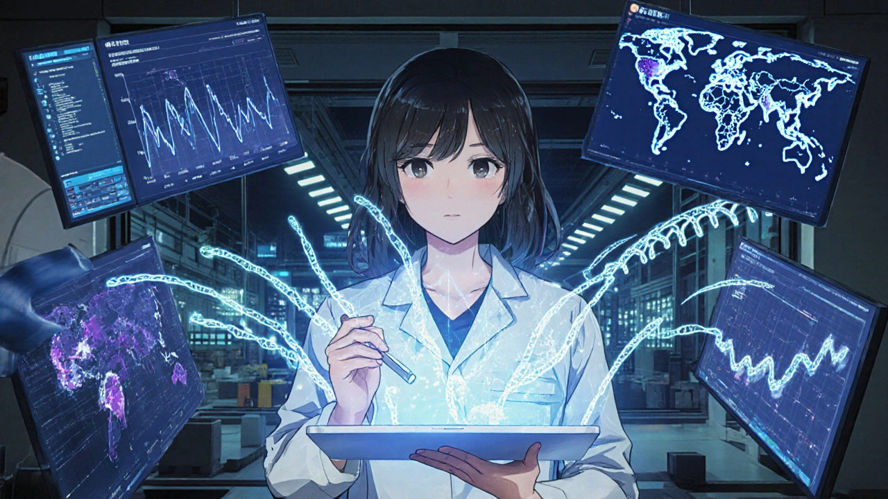 Scientist analyzing glowing DNA sequences of Listeria with holographic AI analytics in a futuristic lab.