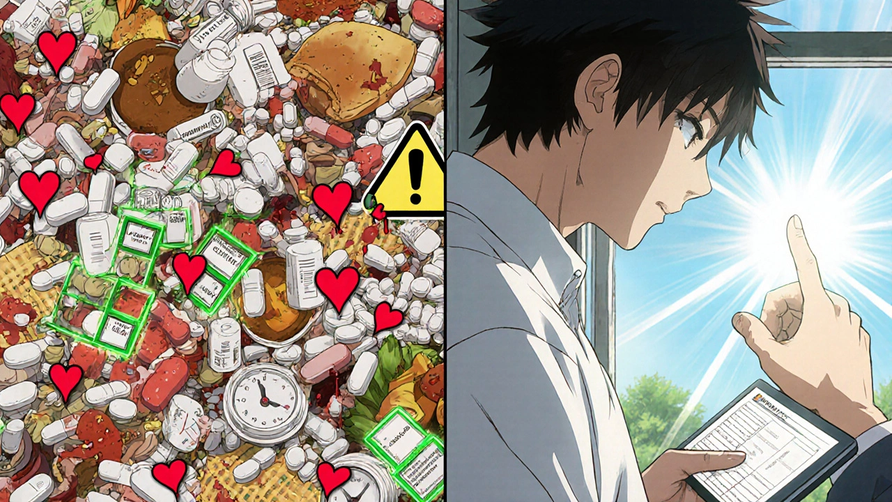 Split scene showing chaotic drug interactions vs. organized medication schedule with glowing time buffers.