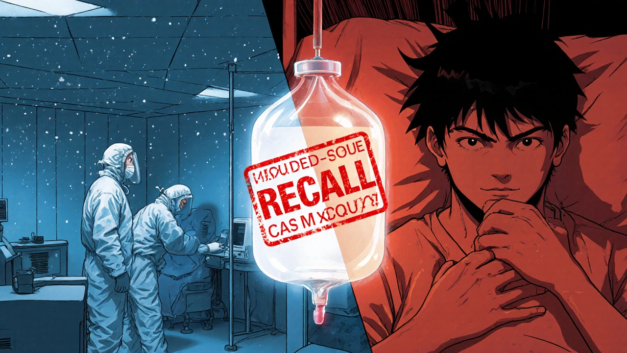 Split scene: sterile lab in India with glowing particles and U.S. patient with mislabeled IV, Class I recall stamp central.