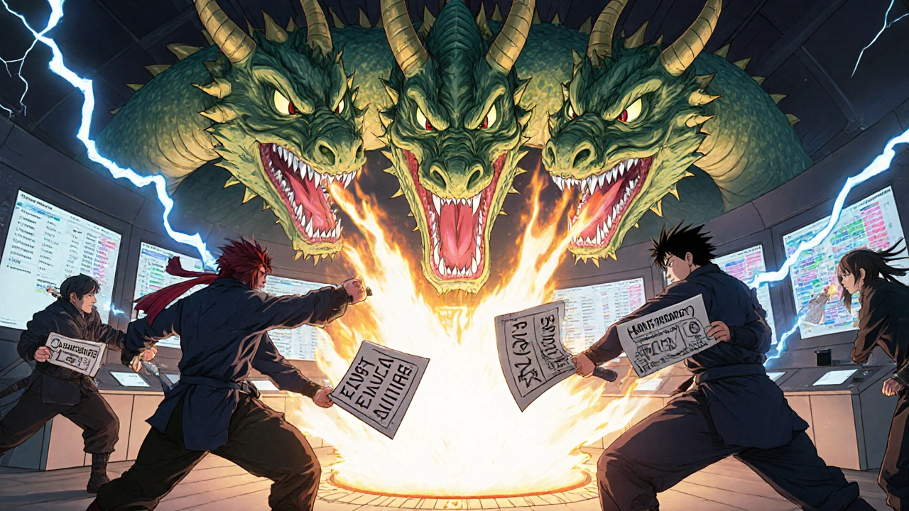 State warriors battle a three-headed pharmaceutical dragon using MAC lists and transparency shields in a digital control room.