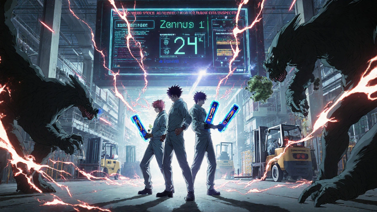 Technicians battling contamination monsters in a factory using ATP testers and swabs as weapons.