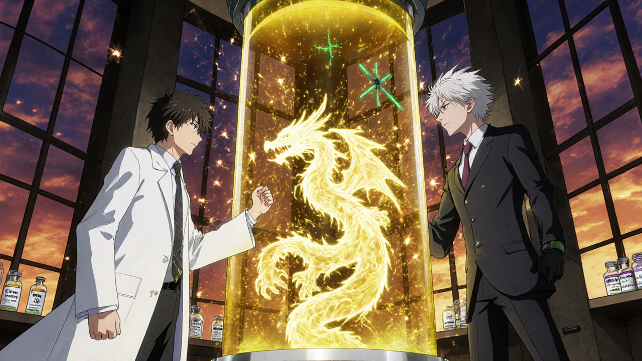 Two scientists confronting each other over a bioreactor shaped like a dragon made of antibodies.