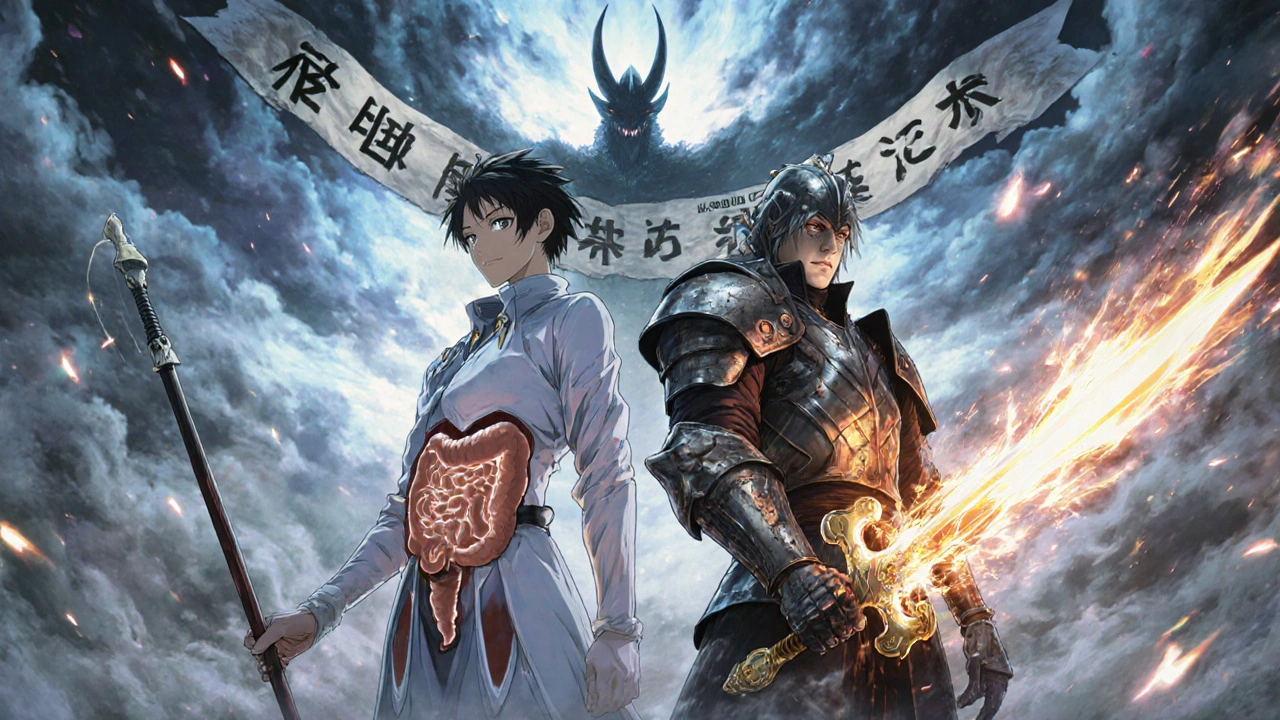 Two warriors representing IBS and IBD fighting a cancer shadow in a gut flora storm.