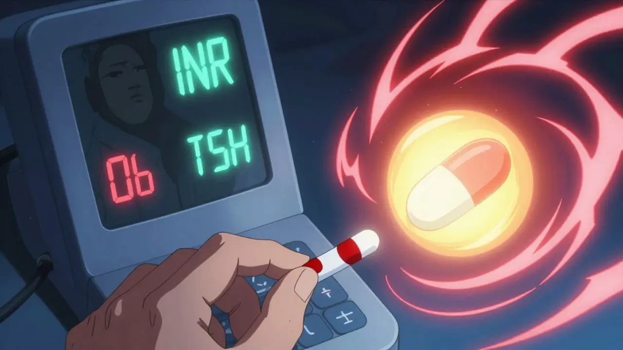 A blood test monitor shows dangerous spikes in lab values, with glowing brand and generic pills on either side, energy lines swirling around.