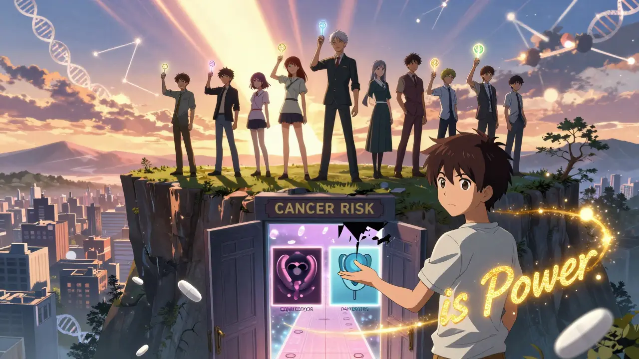 A diverse group holds genetic keys as a cancer risk door opens to reveal prevention pathways, sunlight rising behind them.