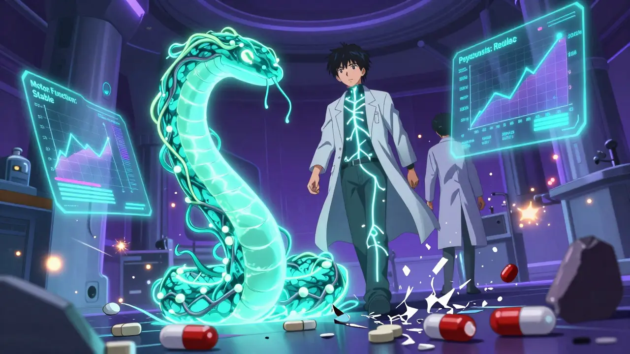 A futuristic lab where a serotonin-based drug called KarXT restores balance, while broken dopamine drugs lie shattered on the floor.