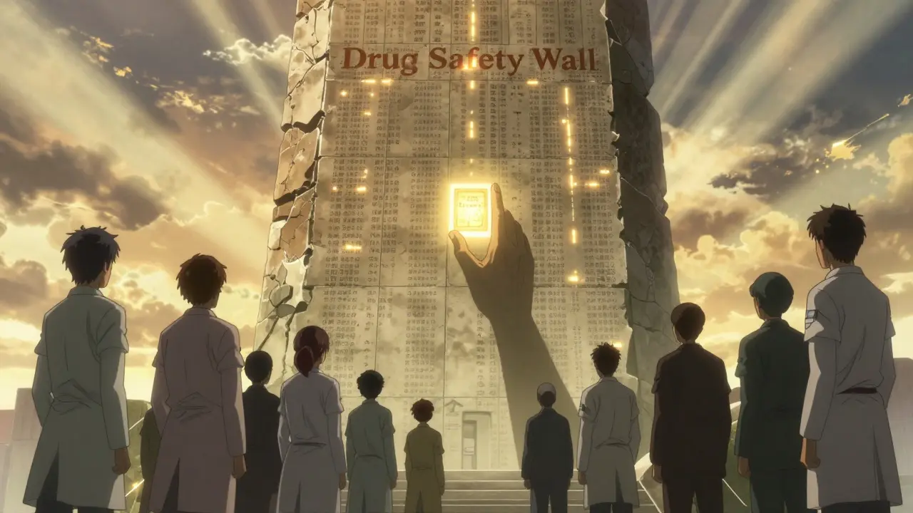 A glowing monument covered in patient reports as dawn breaks, symbolizing collective safety efforts.