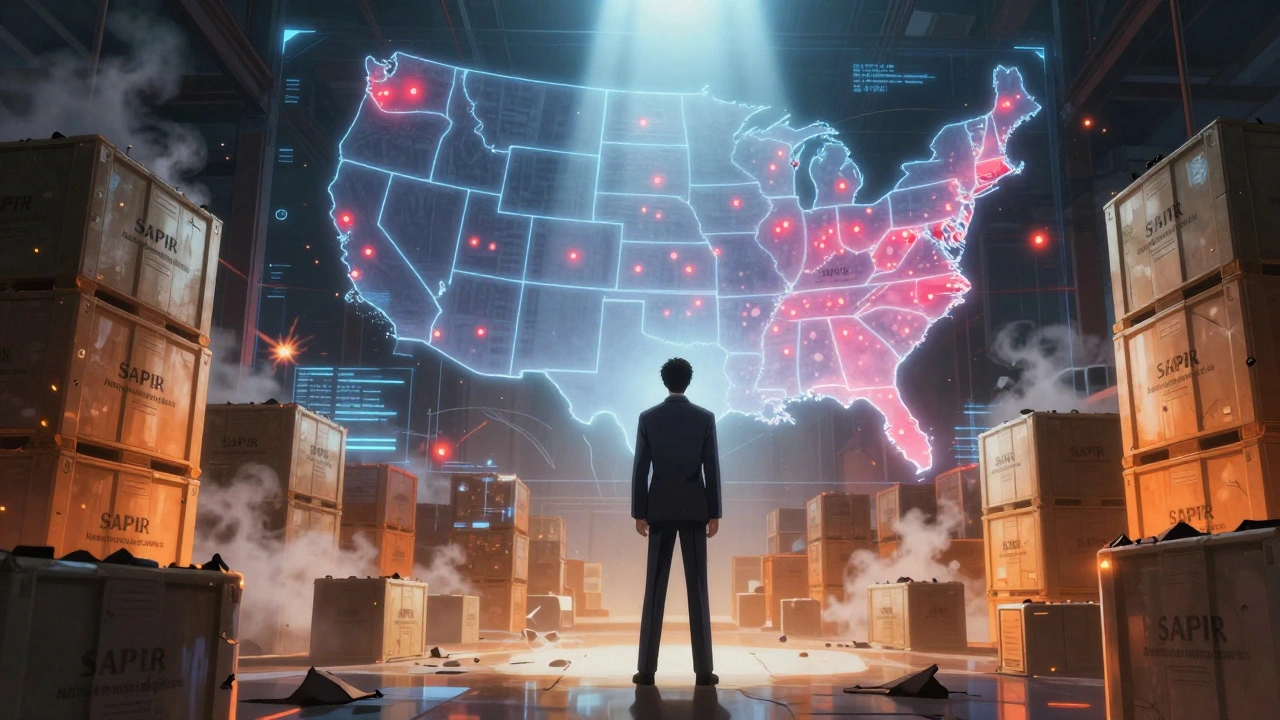 A glowing warehouse of pharmaceutical ingredients with only 26 out of hundreds of potential drugs marked in red on a U.S. map.