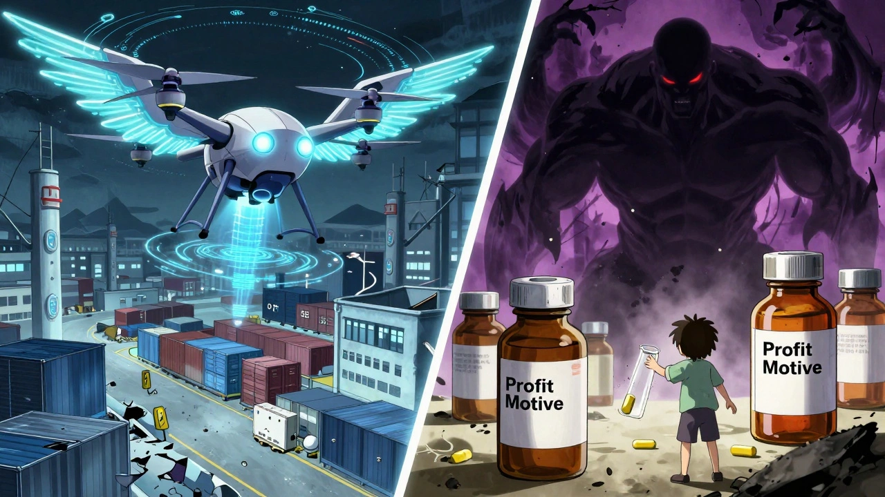 A heroic AI drone battles a shadowy &#039;Profit Motive&#039; monster while draining life from generic medicine vials in a crumbling hospital.