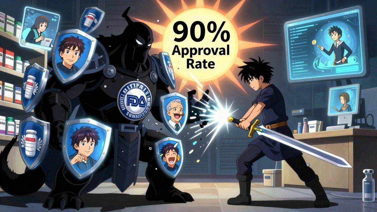 A heroic figure battles a multi-shielded brand-name drug monster, destroying patents to reveal affordable medicine for patients.