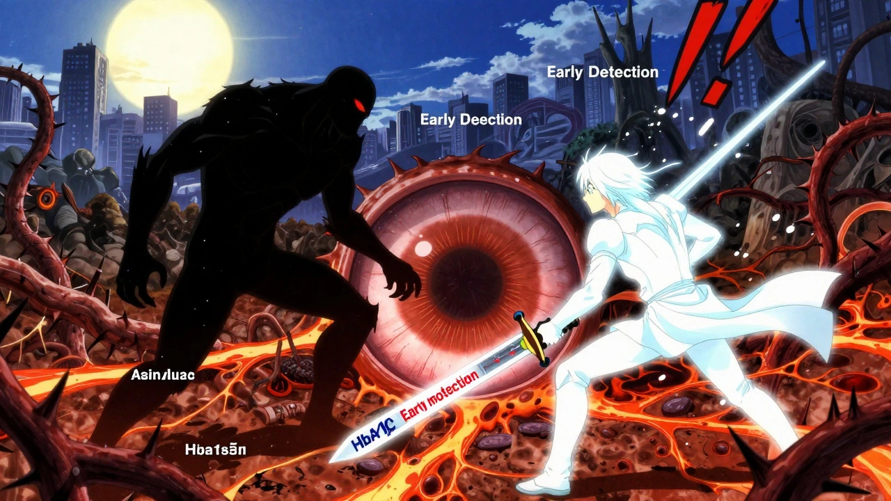 A heroic figure battling a shadow monster on a retina battlefield, using health data as weapons to protect vision.