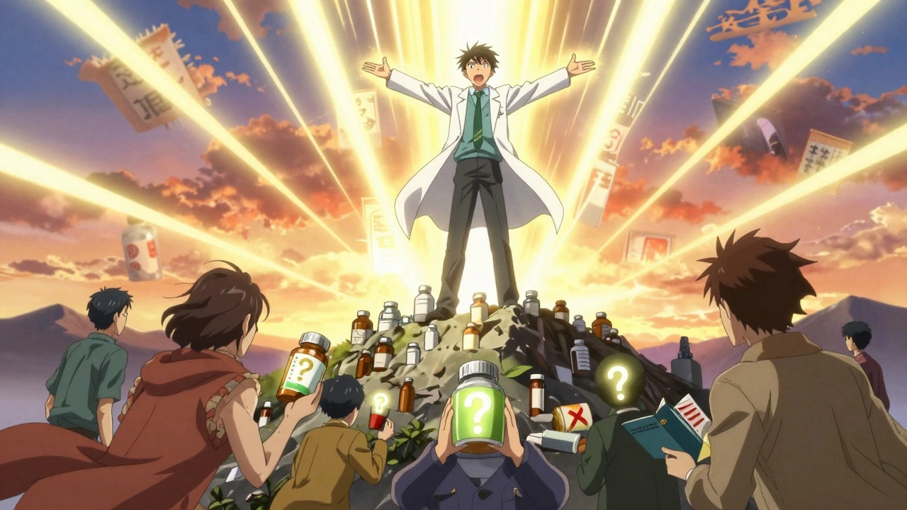 A heroic pharmacist stands atop medication bottles, protecting patients with light as they hold questions about their drugs.