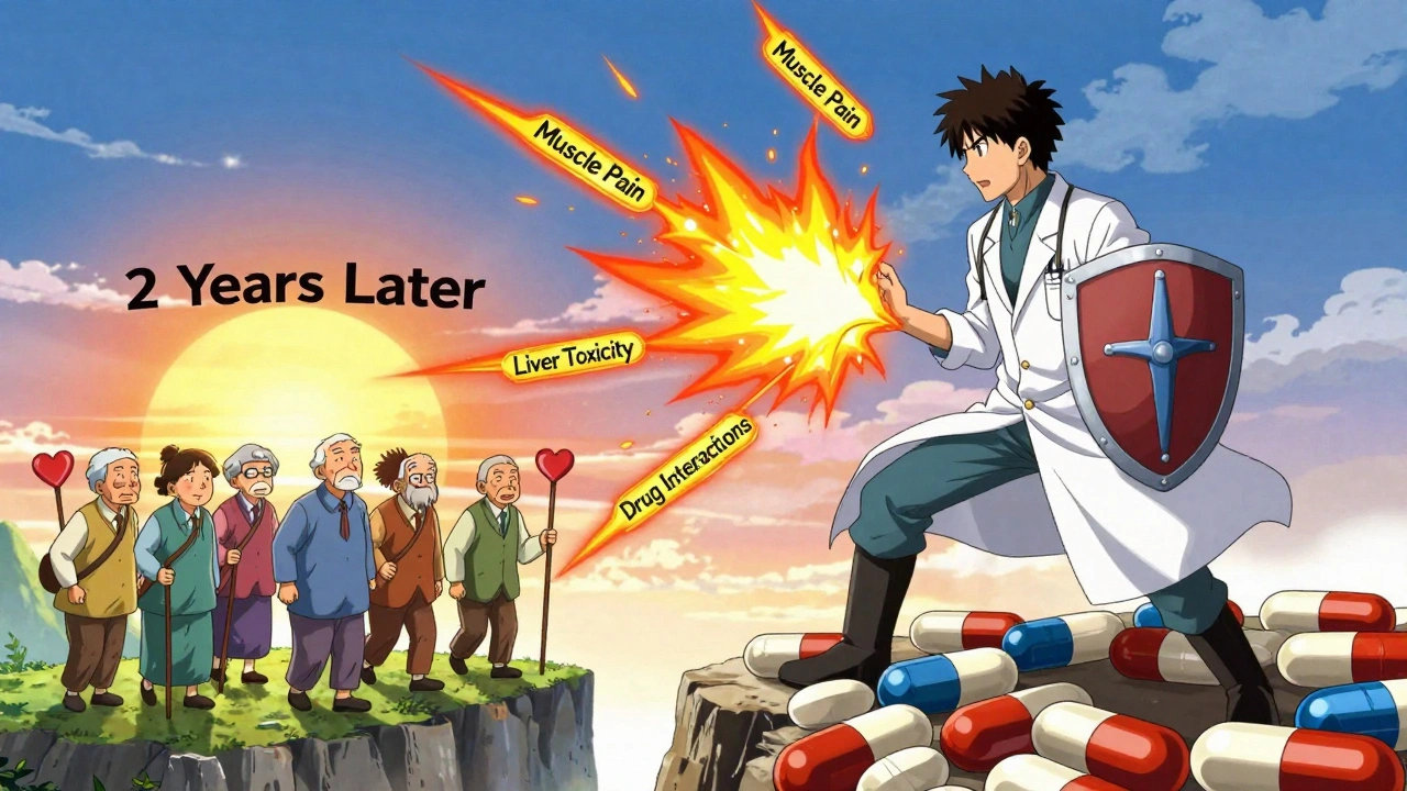 A heroic pravastatin warrior deflecting side effect attacks while seniors walk confidently toward a sunrise.