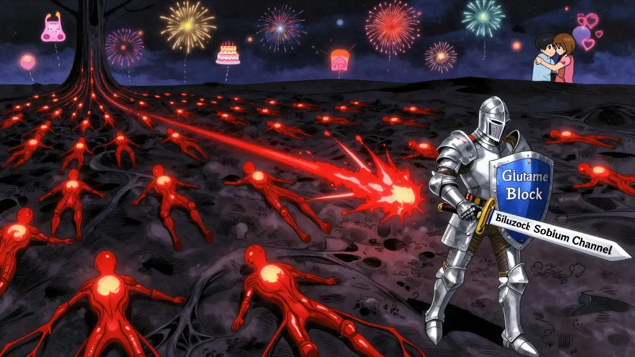 A knight made of riluzole defends fading motor neurons from toxic signals in a symbolic body battlefield.