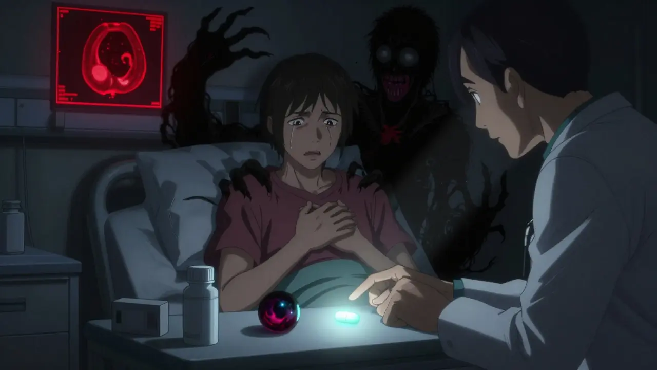 A Parkinson’s patient haunted by hallucinations at night, with levodopa and antipsychotic pills glowing oppositely on a bedside table.