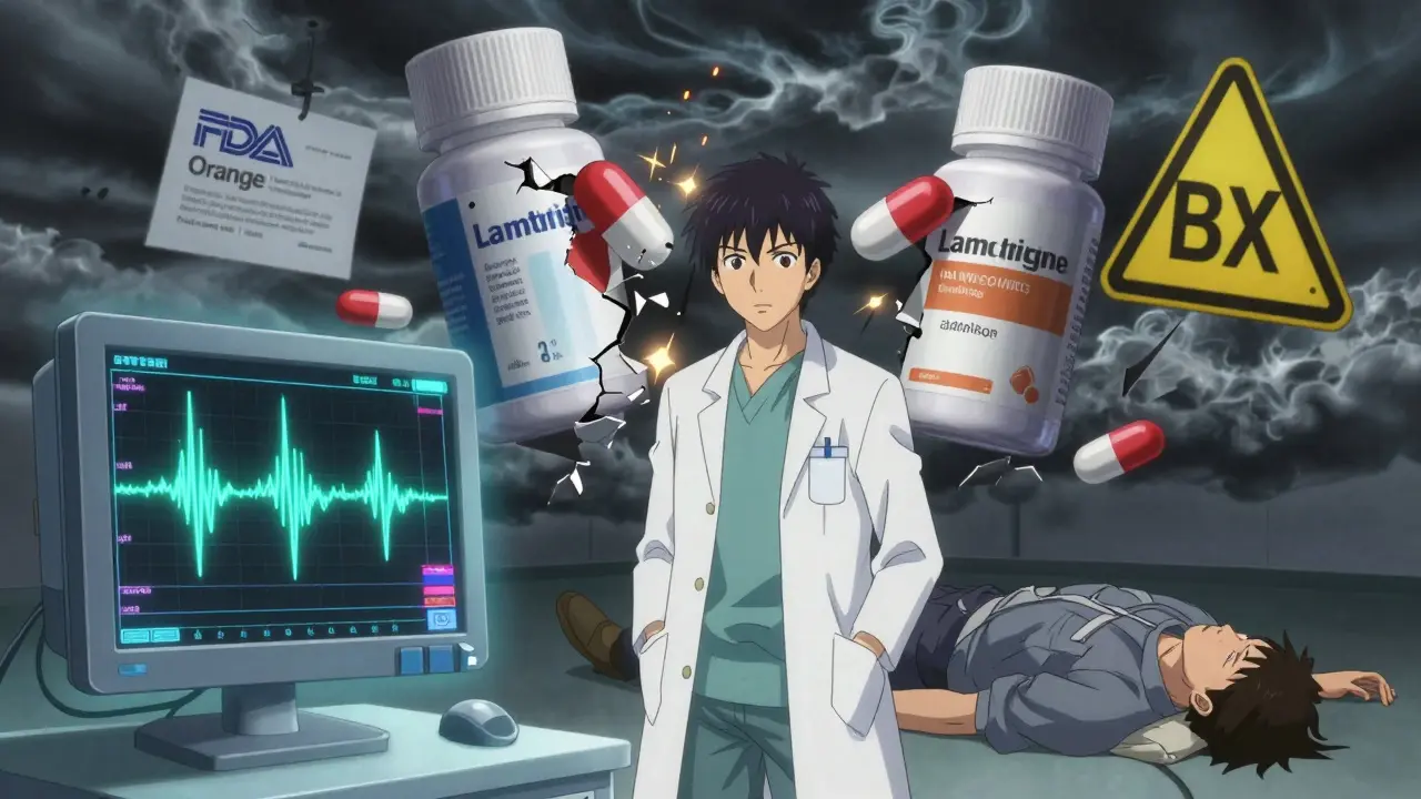 A patient collapses as a seizure waveform spikes, brand and generic pills shattering beside them.