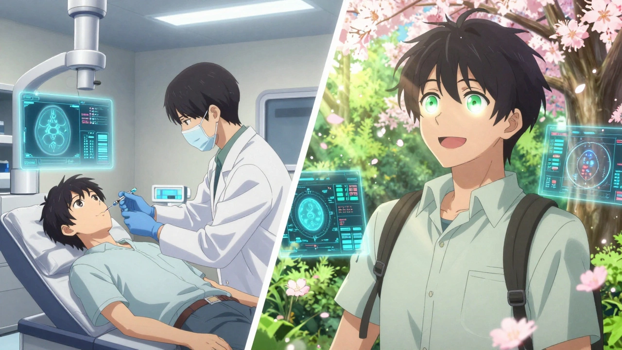 A patient receiving an eye injection while holographic retinal data glows nearby, later smiling in sunlight with restored vision.