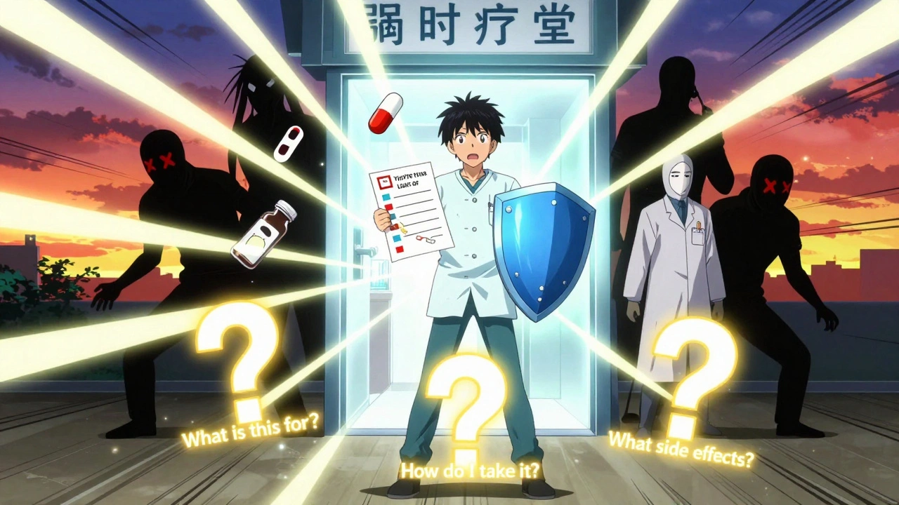 A patient stands proudly with a glowing checklist shield, banishing medication errors in a dramatic anime scene.