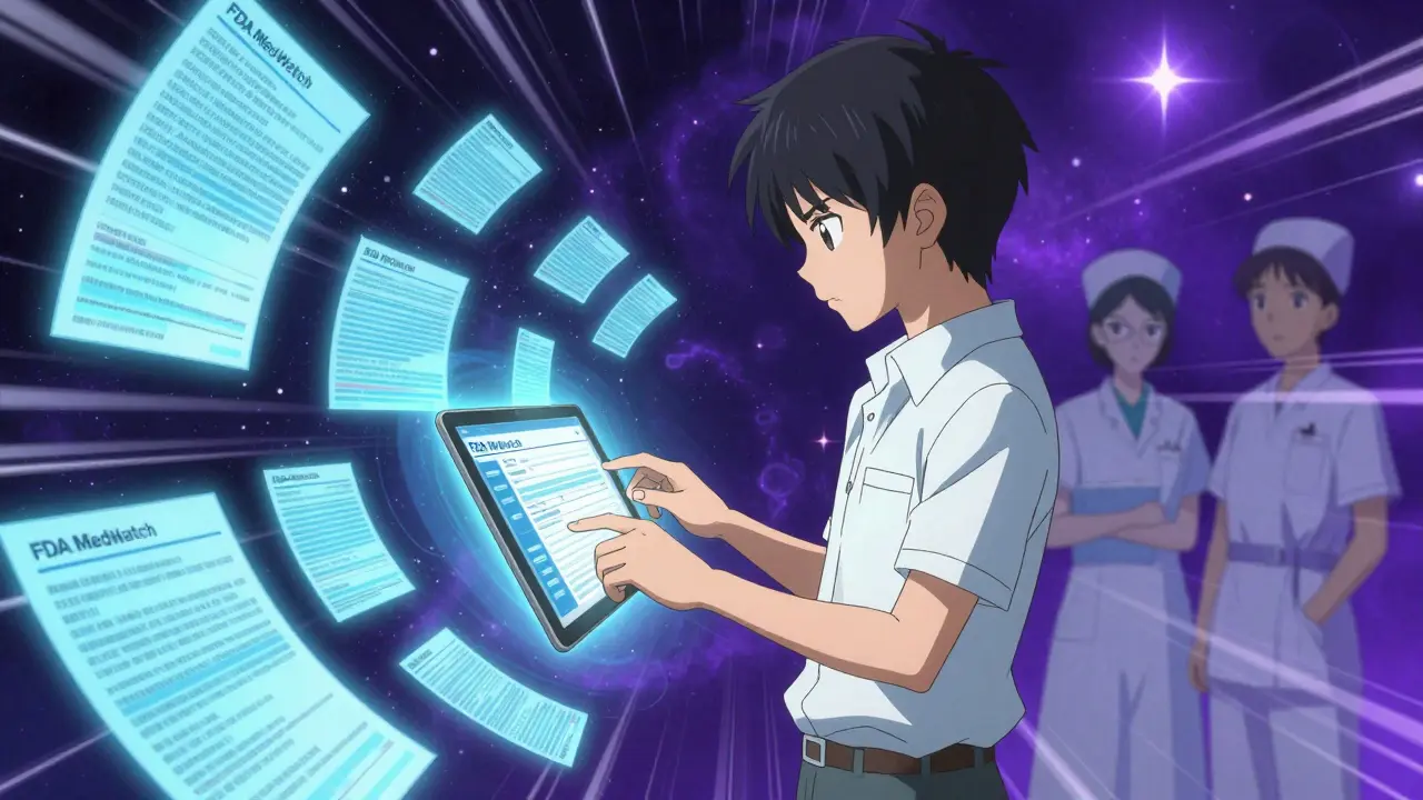 A teen submitting a side effect report on a tablet surrounded by swirling data streams of anonymous reports.