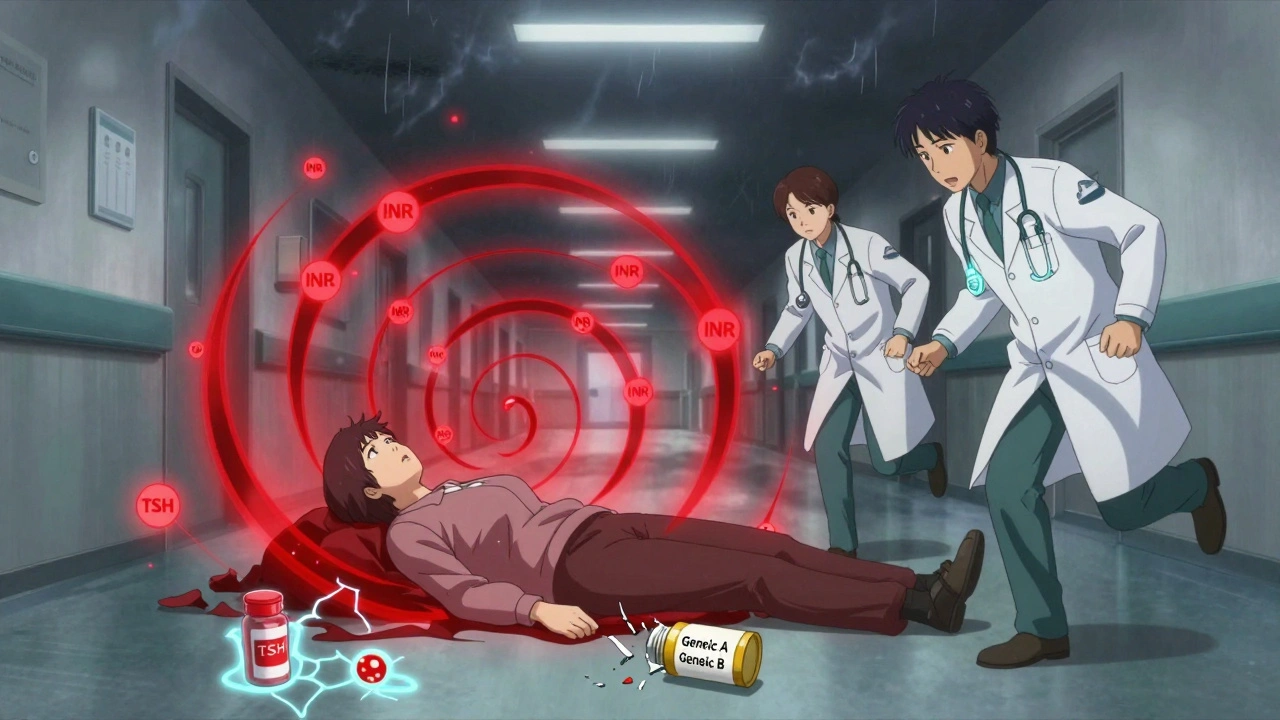 A woman collapsing in an ER as swirling INR symbols spiral around her, doctors rushing to help.