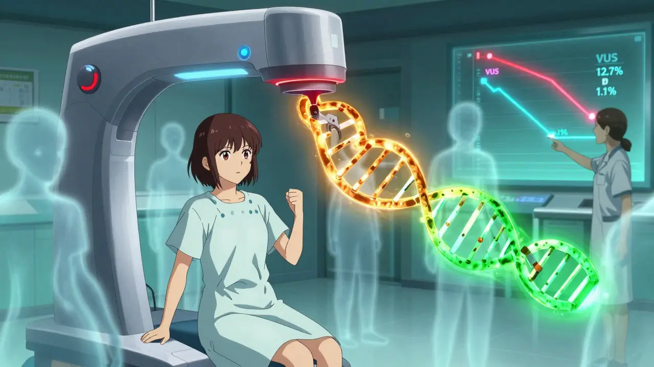 A young woman watches as CRISPR fixes a glowing VUS mutation, turning it from amber to green, with data timelines in the background.