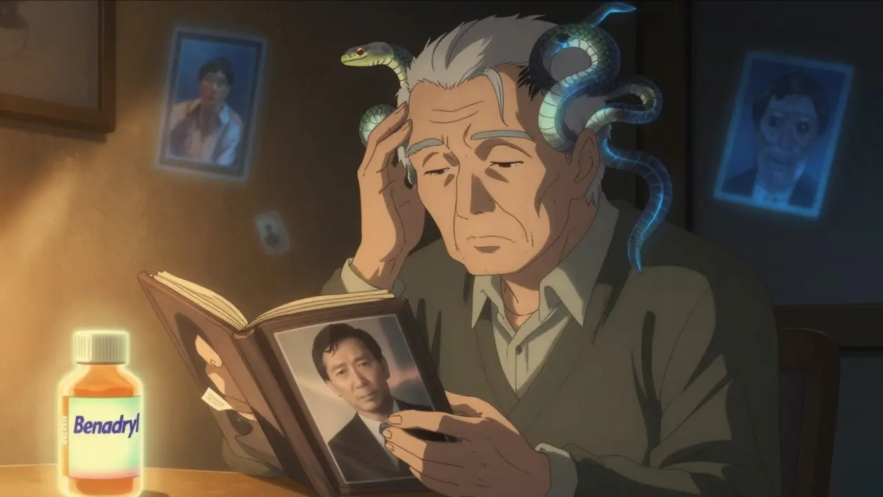 An elderly man haunted by fading memories, shadowy anticholinergic tendrils wrapping around his head.