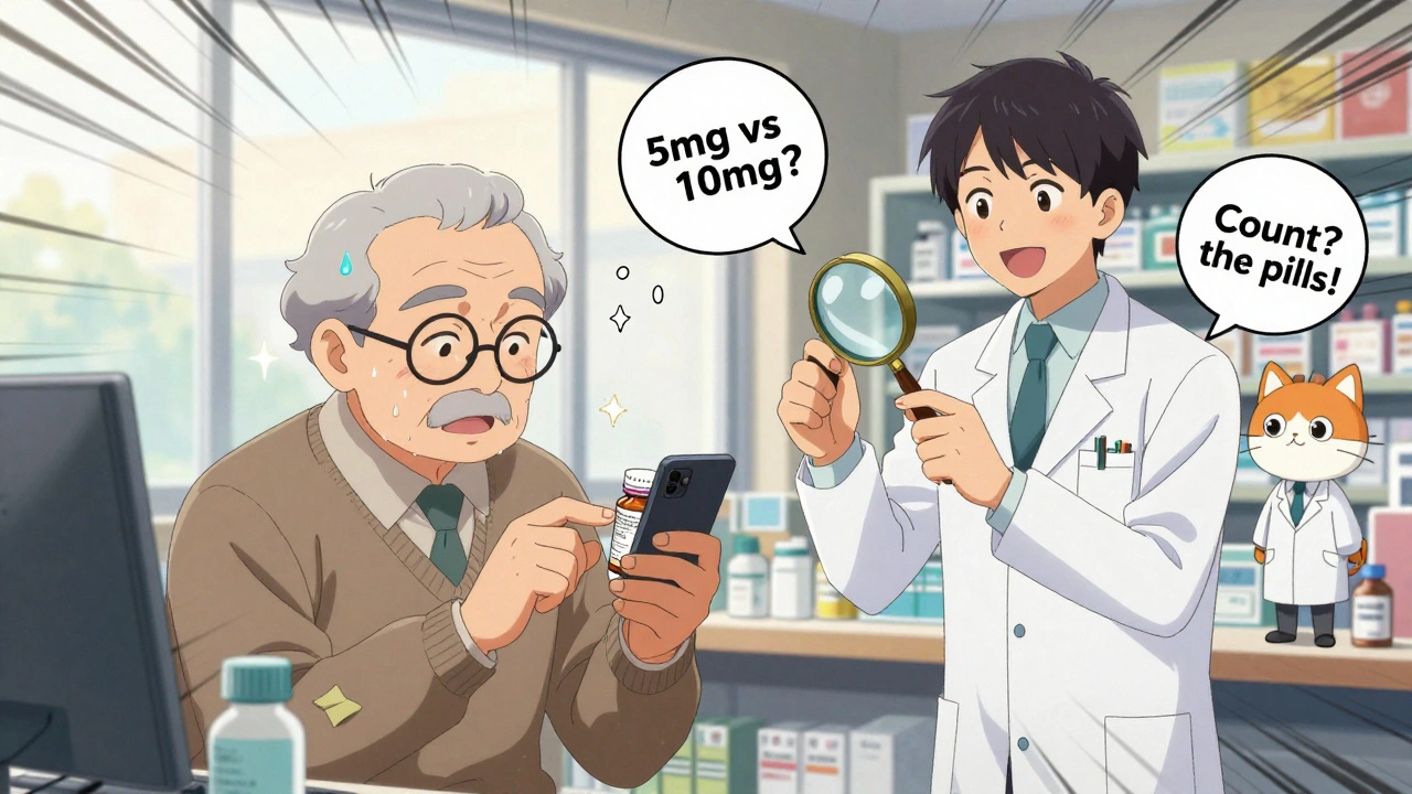 An elderly person uses a phone to read a small medication label while a pharmacist offers a magnifying glass.