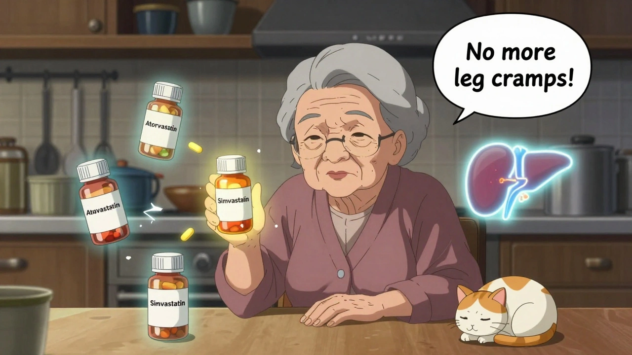 An elderly woman holding pravastatin as other pill bottles fade, with kidney and liver icons glowing beside her.