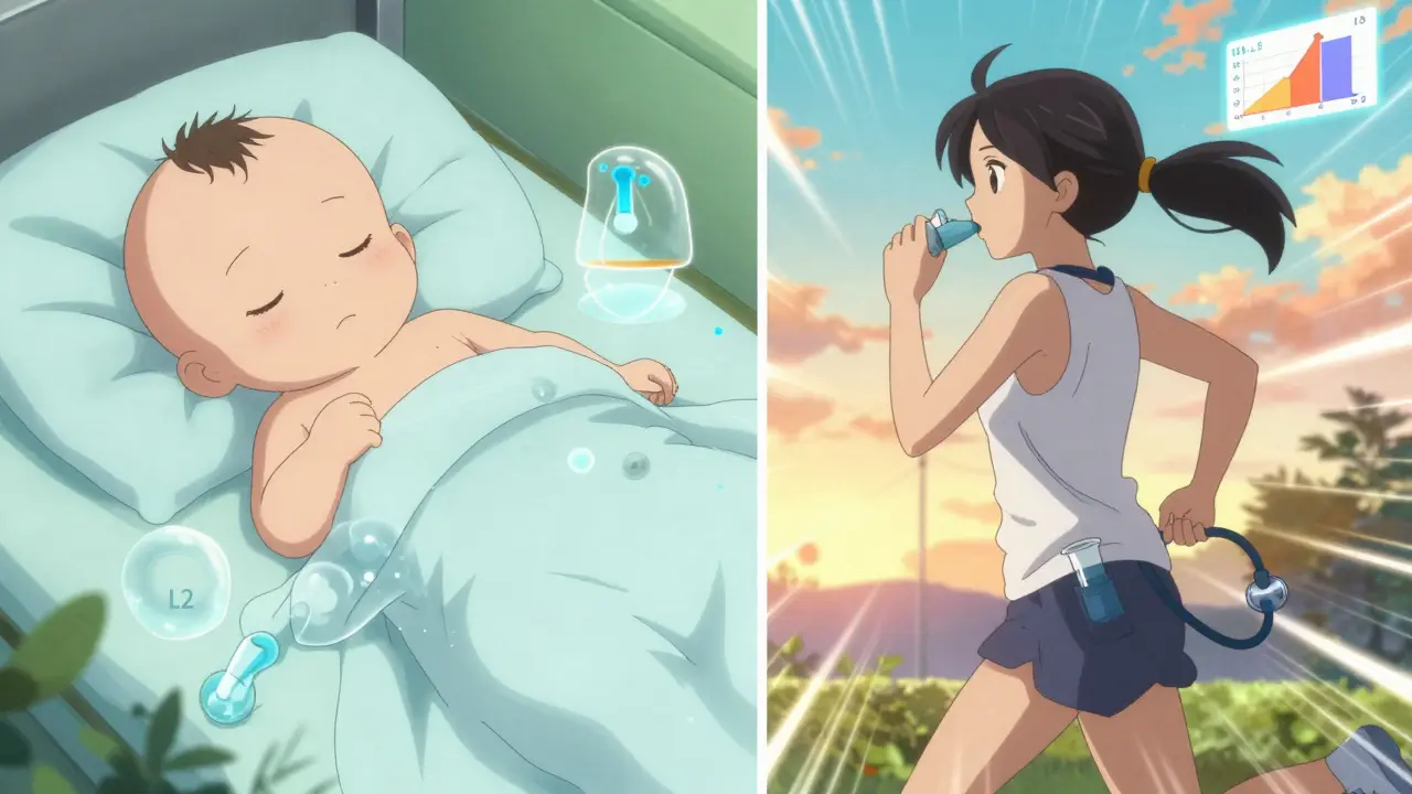 Baby sleeping peacefully with medication molecules visible in milk, mother jogging at dawn with inhaler.