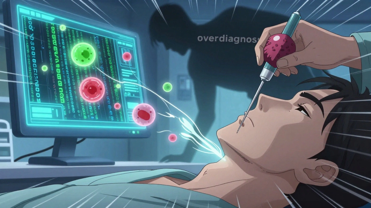 Close-up of a glowing needle extracting thyroid cells, with floating genetic data showing safe and dangerous patterns.