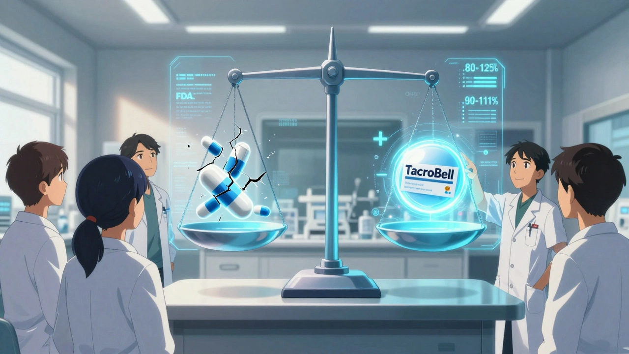 Doctors examining a hologram comparing generic and branded pills with bioequivalence ranges.