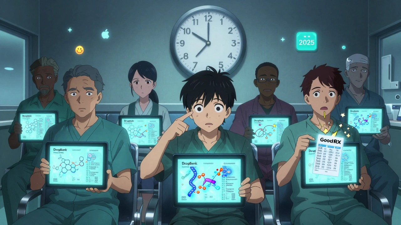 Group of patients reacting to DrugBank&#039;s interactive drug interaction map in a clinic, with chemical bonds and warning sparks visible.