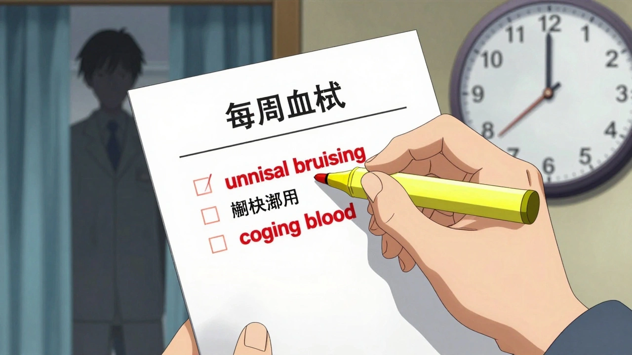 Hand highlighting critical monitoring instructions in a medication guide with glowing symptoms.