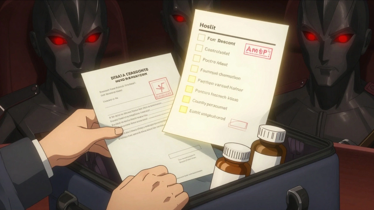 Hands placing medication and documents into a carry-on, with a glowing checklist and stern customs officers in the background.