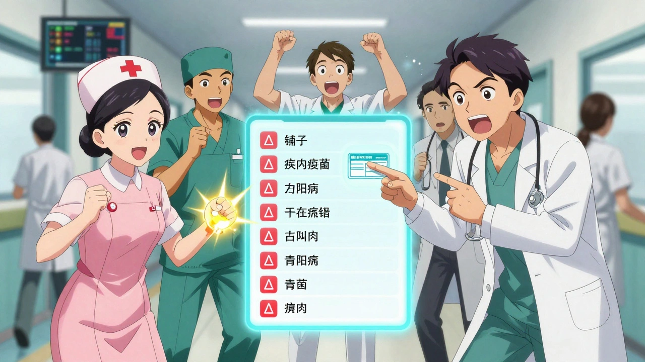 Healthcare team works together with a floating digital checklist and warning icons in a hospital hallway.