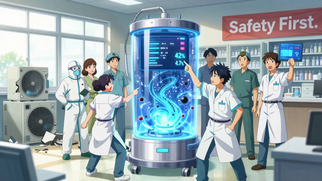 Healthcare workers united around a glowing safety device reducing hazardous drug exposure.